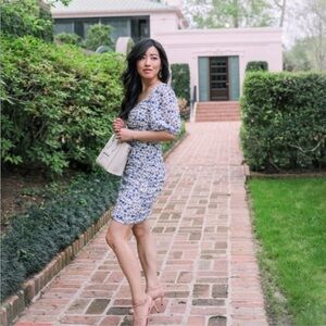 All in Favor Blue Floral Ruched Puff Sleeve Mini Dress